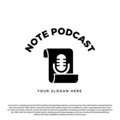 Creative note podcast logo design. Paper note with microphone icon vector illustration