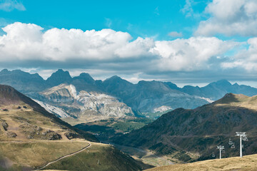 Astún ski resort seen in summer from the top of the slopes, with some of the highest peaks in the Spanish Pyrenees
