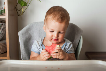 Yummy watermelon and little funny toddler in highchair. First feeding of child with watermelon...