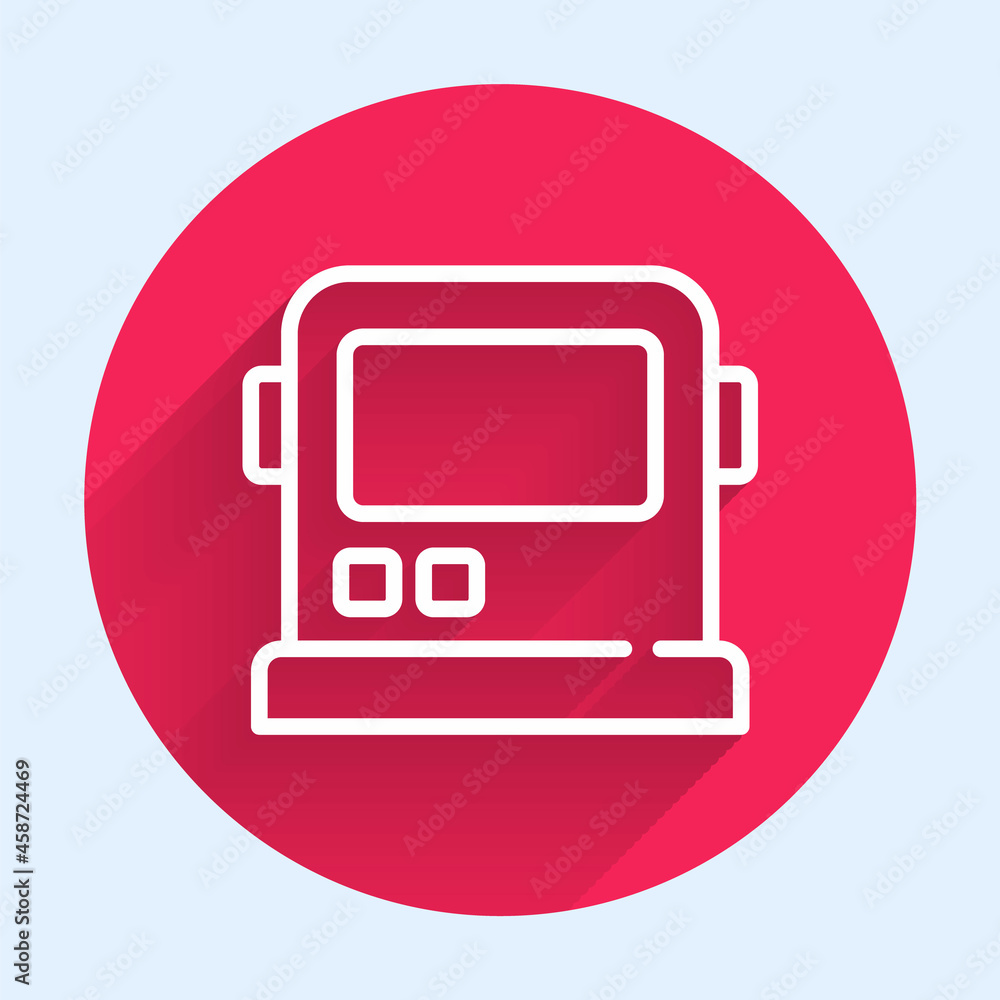 Poster white line astronaut helmet icon isolated with long shadow. red circle button. vector