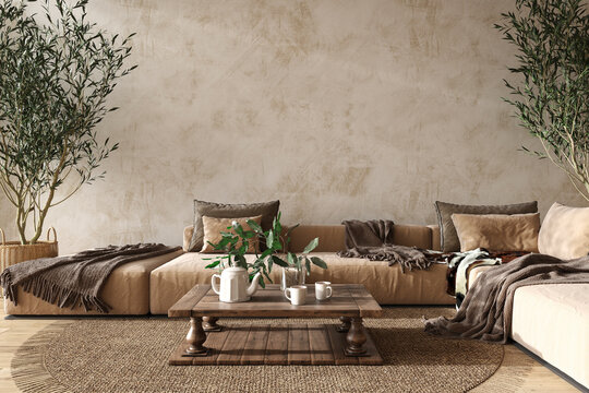 Scandinavian farmhouse style beige living room interior with natural wooden furniture. Mock up plaster wall background. 3d render illustration.
