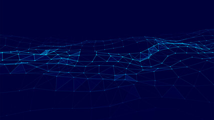 Abstract vector technology wave of particles. Big data visualization. Background with motion dots and lines. Artificial intelligence.