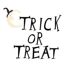 Trick or treat sign and crescent moon character with witch face and hat. Isolated vector image on white background. 