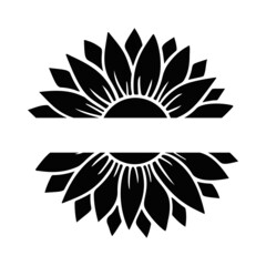 Sunflower split monogram. Flower silhouette vector illustration. Sunflower graphic logo, hand drawn icon for packaging, decor. Petals frame, black silhouette isolated on white background.