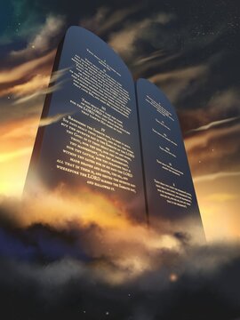 Ten Commandments two tablets of stone with glowing words and epic background