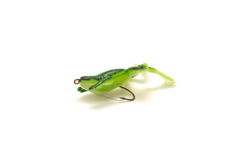 Side view top water frogs lure with sharp hook and stainless steel wire guard isolated on white