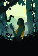 Silhouette of Eve and the Serpent, grain textured, Old Testament Genesis, religious illustration imagery, Garden of Eden - obrazy, fototapety, plakaty