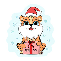 Tiger with beard and santa hat illustration. Cartoon Chinese New year 2022 horoscope. Animal symbol color vector