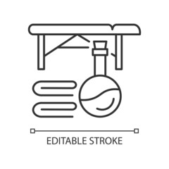 Massage table linear icon. Body and skin care. Massage therapy for muscle relief. Masseur. Thin line customizable illustration. Contour symbol. Vector isolated outline drawing. Editable stroke