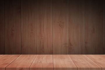 Empty space on wooden table for displaying products with blurred wooden wall background.
