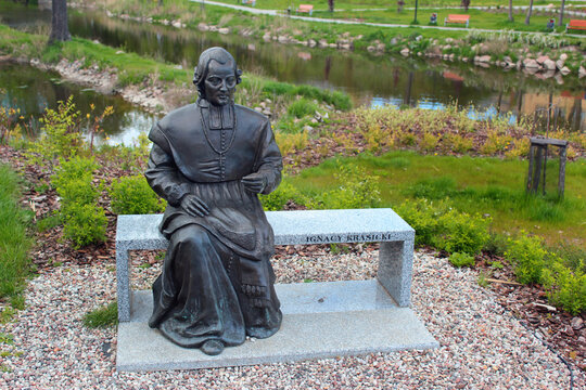Lidzbark Warminski, Poland - May 6, 2019: Statue of Ignacy Krasicki, Prince-Bishop of Warmia who was Poland's leading Enlightenment poet, playwright and author of the first Polish novel.