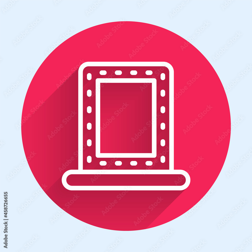 Poster white line makeup mirror with lights icon isolated with long shadow. red circle button. vector