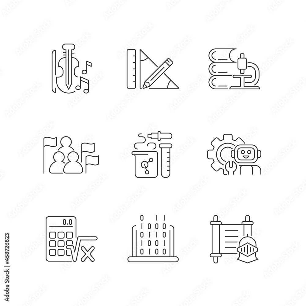 Poster different types of school subjects linear icons set. scientific study. music classes. customizable t