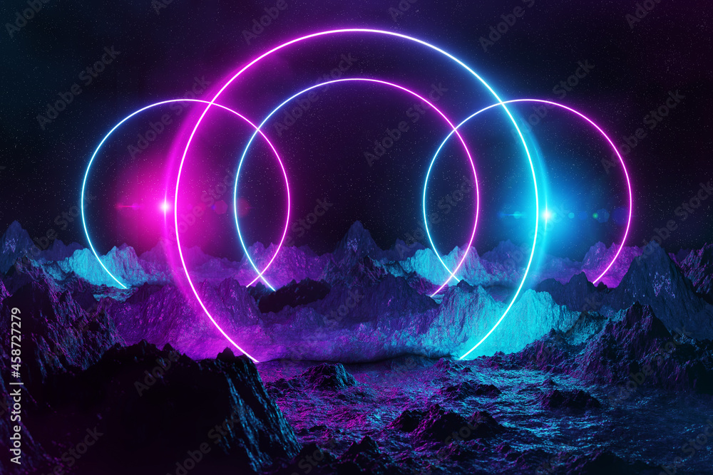 Poster Abstract background with blue and pink neon light circles reflecting on asteroid ground 3D rendering