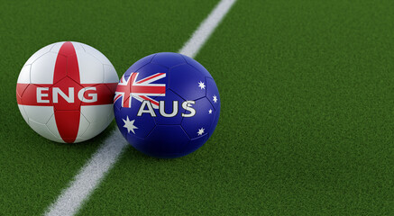 England vs. Australia Soccer Match - Leather balls in England and Australia national colors. 3D Rendering 