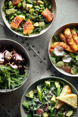 Top view on variety of different gourmet dishes