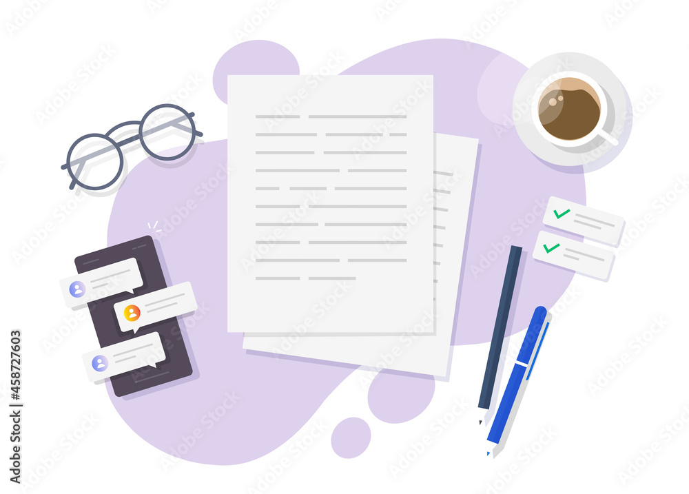 Aufkleber writing text on paper flat lay vector on table desk or creating letter essay on author working deskt