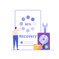 Man in uniform repairing HDD. Restoration process. Data recovery, data storage backup, hardware disk repair service. Vector illustration in flat cartoon design.