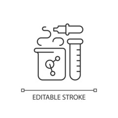 Chemistry linear icon. Chemical reaction in beaker. Test tube, pipette. Laboratory equipment. Thin line customizable illustration. Contour symbol. Vector isolated outline drawing. Editable stroke