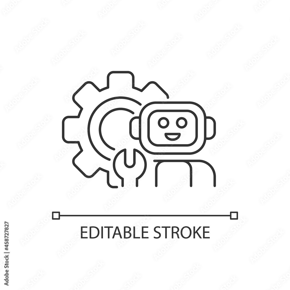 Poster technology linear icon. robot with wrench against background of huge gear. mechanisms study. thin li