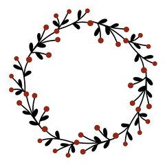 Christmas wreath from branches with leaves and red berries vector illustration. Circular frame for postcards or congratulations. Traditional cranberry round frame for text. Congratulatory New Year and