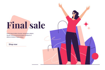 Vector illustration depicting an excited woman standing on the background of shopping bags. Editable stroke