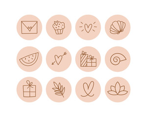 Set of hand-drawn line art icons for social media cover designs. Story highlight templates for bloggers, online shops. Heart, letter, gift box, shell, cake, floral symbols in doodle style. 