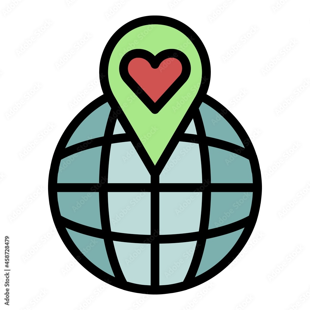 Poster heart point on the globe icon. outline heart point on the globe vector icon color flat isolated