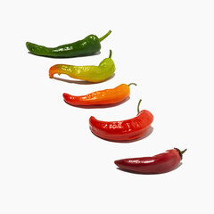 Multicolored hot chili peppers on a white isolated background