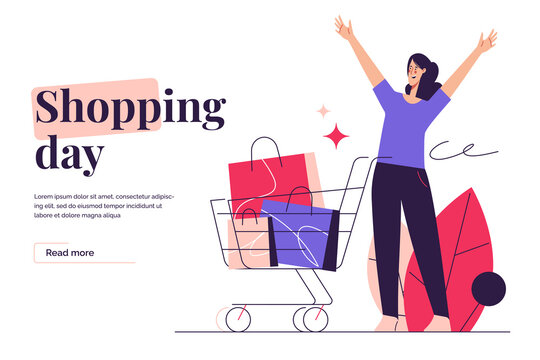 Vector illustration depicting an excited woman with shopping cart on the subject of e-commerce, sale, promotions, online shopping. Editable stroke