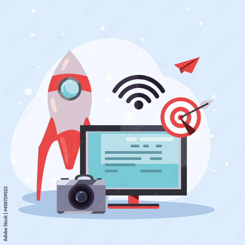 Poster computer with rocket and camera