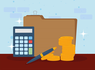 Tax document coins pen and calculator