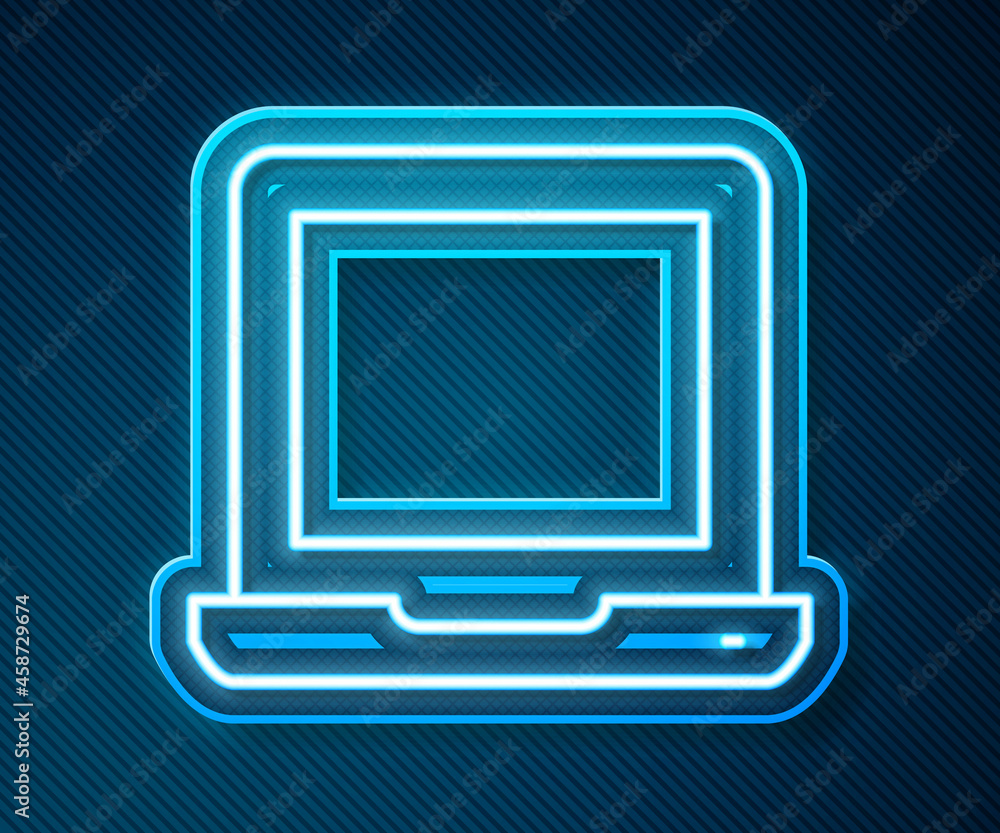 Poster glowing neon line laptop icon isolated on blue background. computer notebook with empty screen sign.