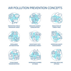 Air pollution prevention concept icons set. Renewable energy idea thin line color illustrations. Popularize afforestation. Refilling options. Vector isolated outline drawings. Editable stroke