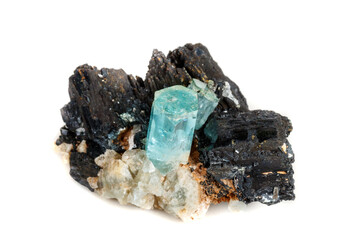 Macro mineral stone Aquamarine and black tourmaline, Schorl on a white background