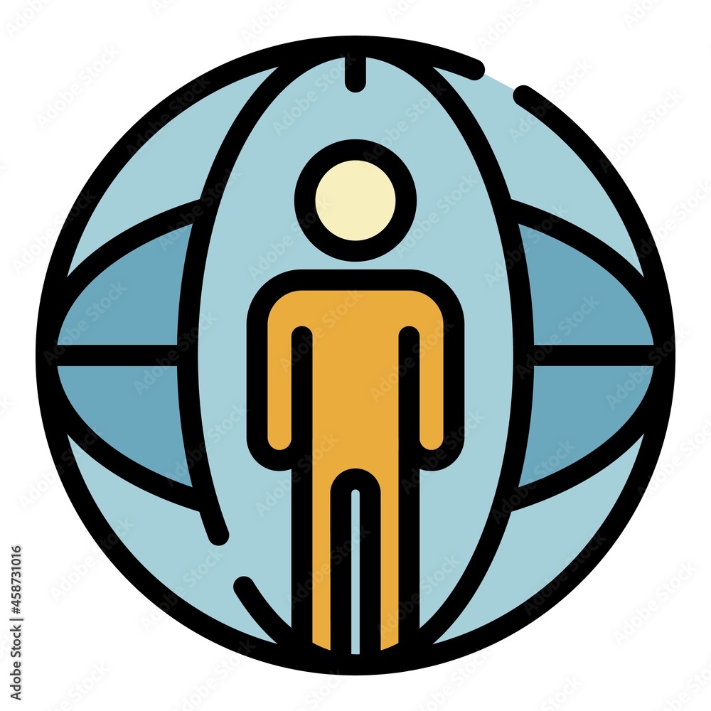 Poster man and globe icon. outline man and globe vector icon color flat isolated