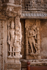 Close-up of sculptures, Rani Ki Vav, Patan, Gujarat, India. Stepwell has seven levels of stairs with more that 500 sculptural panels