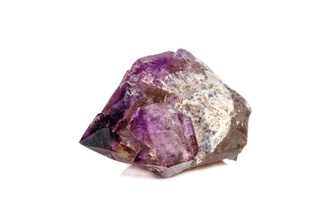 Macro Mineral Stone Amethyst together smoky quartz, rauchtopaz on a white background