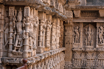 Close-up of sculptures, Rani Ki Vav, Patan, Gujarat, India. Stepwell has seven levels of stairs with more that 500 sculptural panels