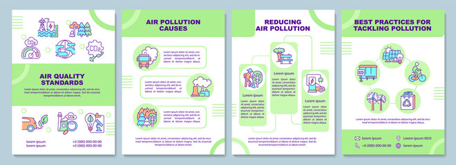 Air quality standards brochure template. Tackling air pollution. Flyer, booklet, leaflet print, cover design with linear icons. Vector layouts for presentation, annual reports, advertisement pages
