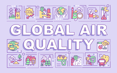 Global air quality word concepts banner. Environmental risk to health. Infographics with linear icons on purple background. Isolated creative typography. Vector outline color illustration with text