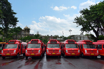 New red BEST Buses at the depot at CST, Mumbai, Maharashtra,