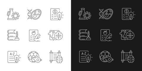 Various school subjects linear icons set for dark and light mode. . Health course in educational institutions. Customizable thin line symbols. Isolated vector outline illustrations. Editable stroke