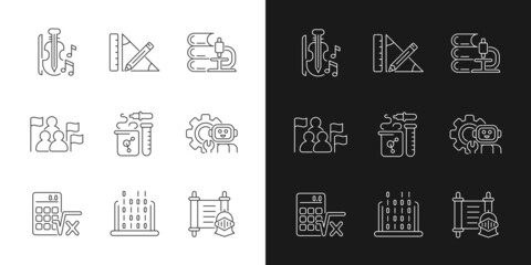 Different types of school subjects linear icons set for dark and light mode. Scientific study. Music classes. Customizable thin line symbols. Isolated vector outline illustrations. Editable stroke