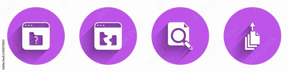 Poster set file missing, broken file, search concept with folder and data export icon with long shadow. vec