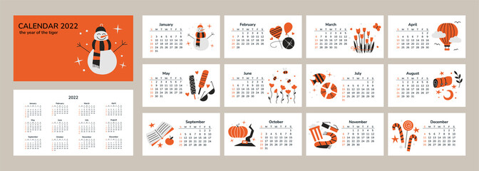 Horizontal calendar 2022. Happy New Year 2022. Merry Christmas. Tiger year. Desk table calendar. Clip art isolated vector elements. Weather and Seasons. Love flowers traveling food holidays hobbies