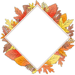 Rhombus Shaped Autumn Frame Design (2). Hand drawn watercolor of colorful autumn leaves frames and borders. Design for invitations, greeting cards and decoration.