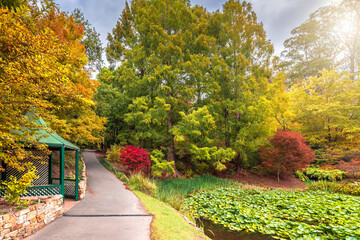 Rotunda with pathway  across colorful autumn park in Mount Lofty, South Australia