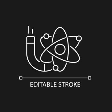 Physics white linear icon for dark theme. Image of atom, electrons, protons, neutrons. Thin line customizable illustration. Isolated vector contour symbol for night mode. Editable stroke