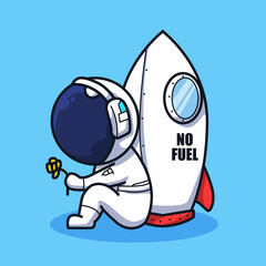 Little Astronaut on the moon with rocket and pieces of equipment cute line art illustration